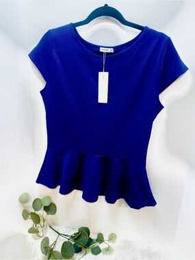 NWT J. TOMSON Royal Blue Short Sleeve Peplum Top Blouse Size XL Business Casual